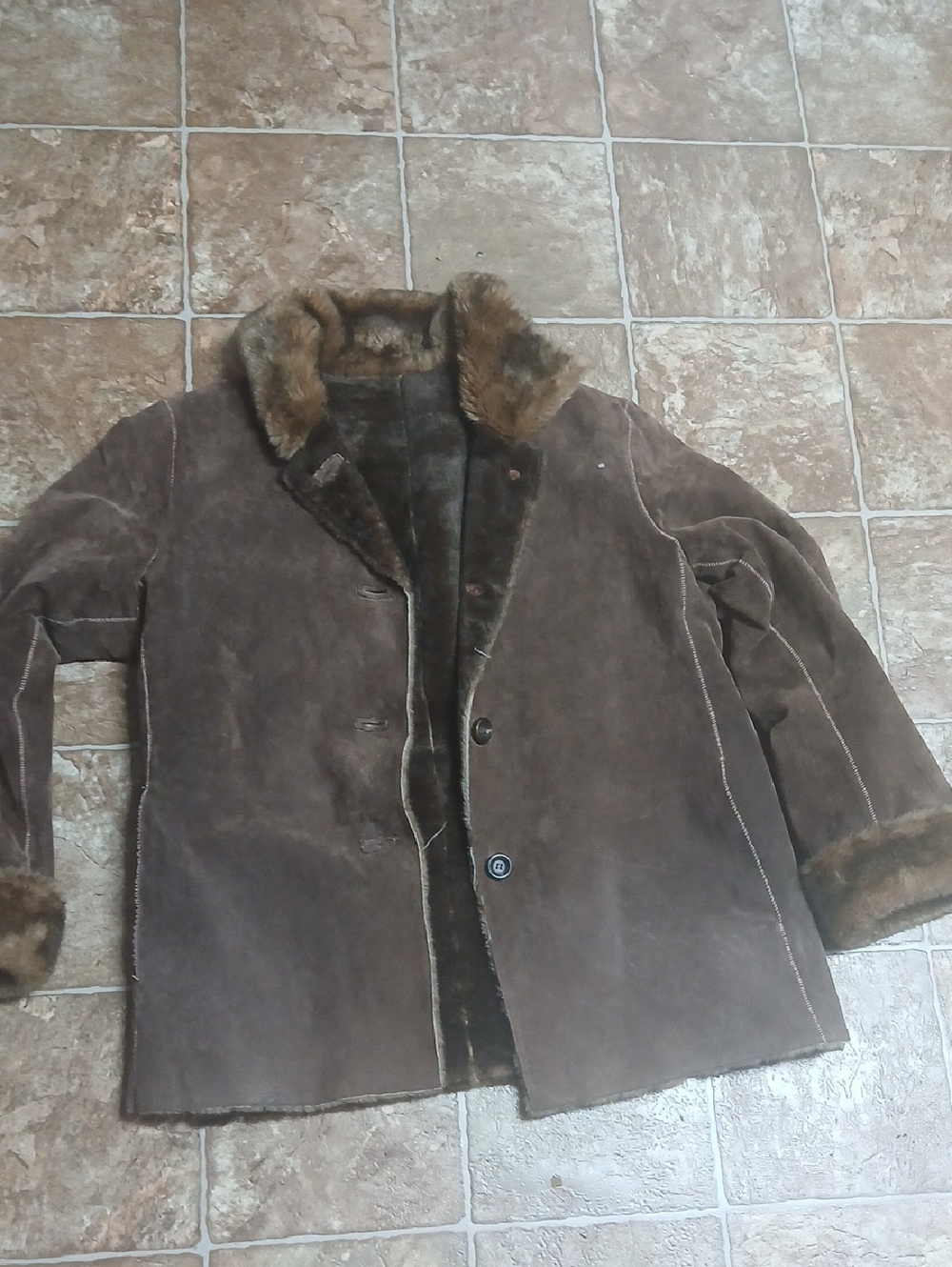 New York & Company Brown Suede Shearling Pea Coat Fur Lining And Trim Size XL